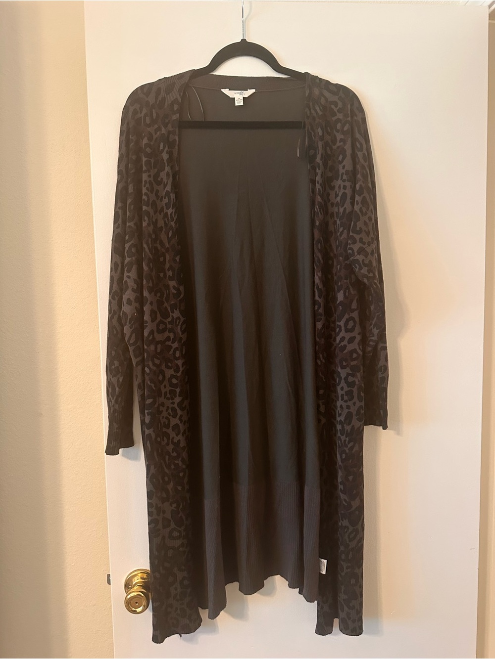 Terra & Sky Black Leopard-Print Open-Front Long Cardigan